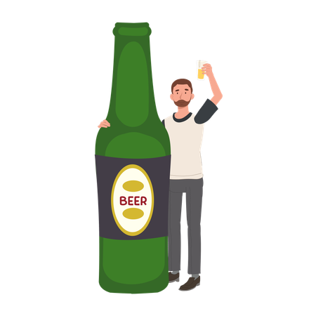 Homme célébrant avec une bouteille de bière surdimensionnée  Illustration