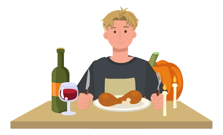 Homme célébrant la fête de Thanksgiving avec un pilon de dinde  Illustration