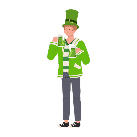 Un homme célèbre la Saint-Patrick avec de la bière verte  Illustration