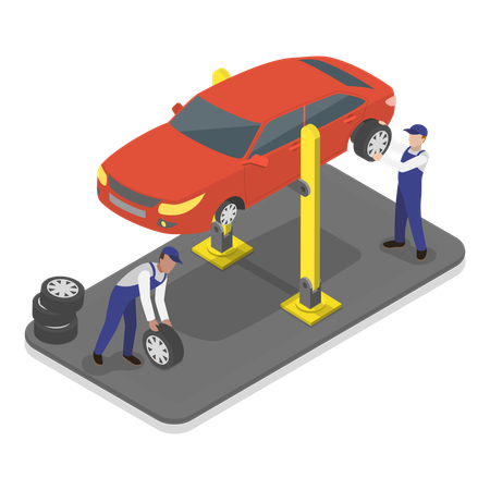 Homme changeant une roue de voiture pour un service de réparation automobile  Illustration