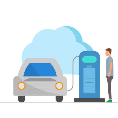 Homme changeant de voiture électrique sur une centrale électrique  Illustration