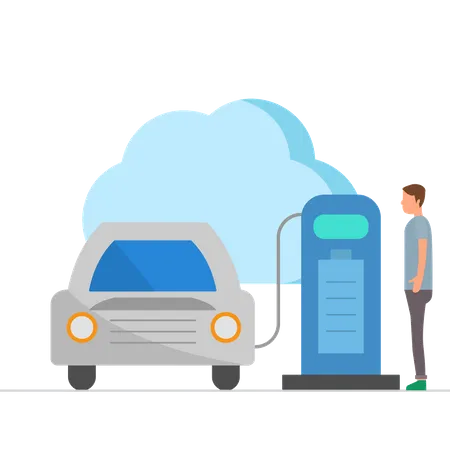 Homme changeant de voiture électrique sur une centrale électrique  Illustration