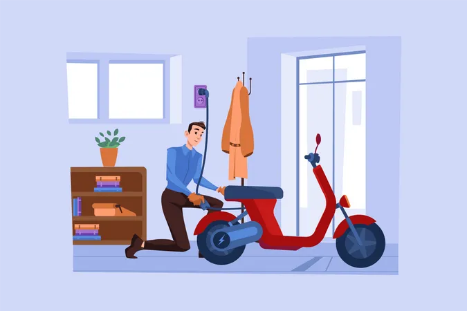 Un homme charge son vélo électrique à la maison  Illustration