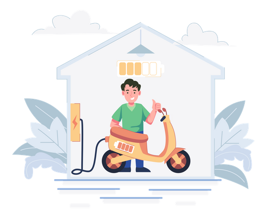 Homme charge un vélo électrique à la maison  Illustration