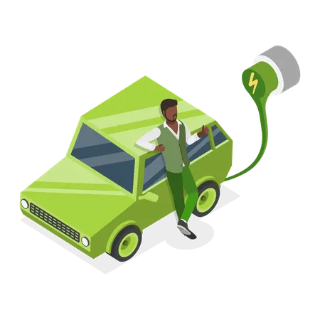 Un homme charge un véhicule électrique  Illustration