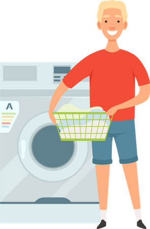 Homme chargeant une machine à laver pour nettoyer les vêtements  Illustration