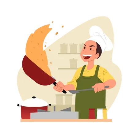 Chef masculin cuisinant dans la cuisine  Illustration