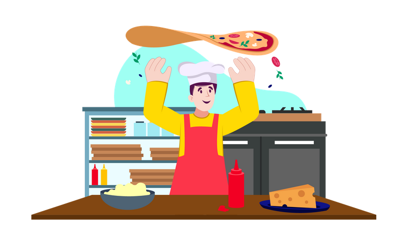 Chef masculin cuisinant une pizza  Illustration