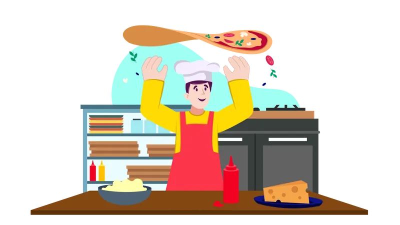 Chef masculin cuisinant une pizza  Illustration
