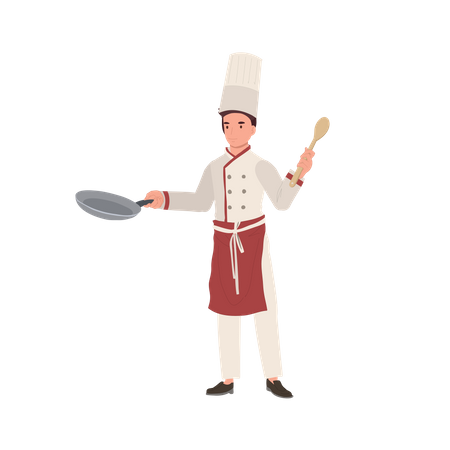 Chef masculin en toque tenant Pan et Turner  Illustration