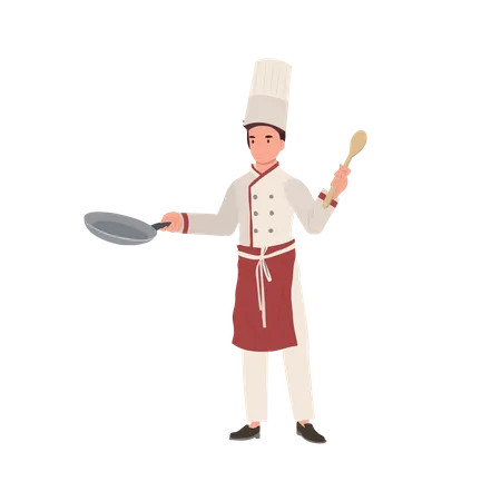 Chef masculin en toque tenant Pan et Turner  Illustration