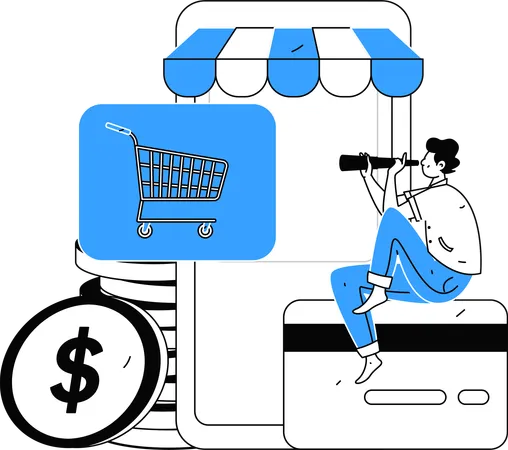 Un homme cherche à dépenser de l'argent sur une application de shopping  Illustration