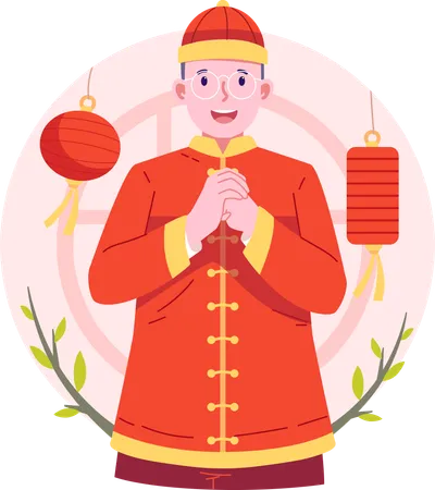 Homme chinois donnant la salutation du nouvel an chinois  Illustration