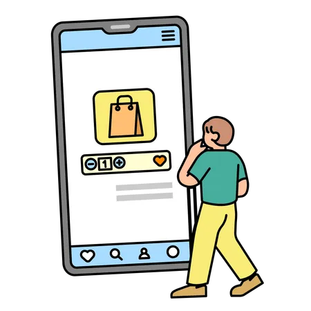 Homme choisissant des produits sur l'application d'achat  Illustration