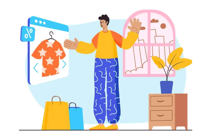 Homme choisissant des vêtements en ligne  Illustration