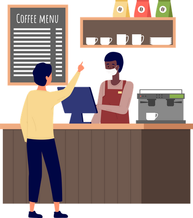 L'homme choisit des gâteaux et achète du café à la boulangerie  Illustration