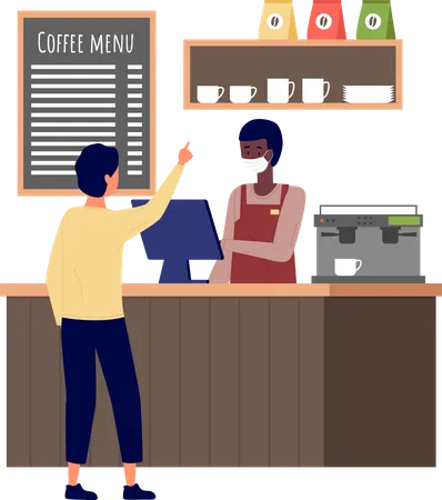 L'homme choisit des gâteaux et achète du café à la boulangerie  Illustration