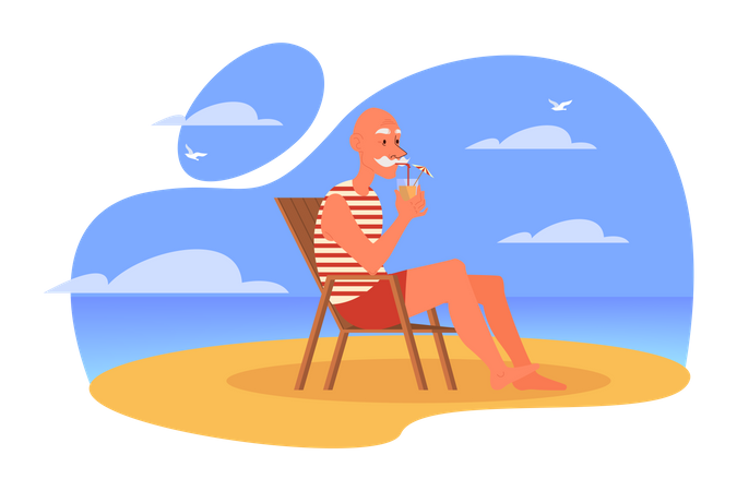 Homme âgé prenant un verre assis à la plage  Illustration