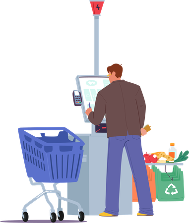 Un client utilise un terminal libre-service dans un supermarché pour faire ses courses  Illustration