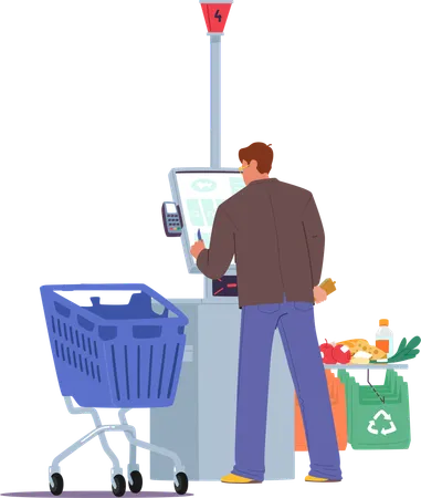 Un client utilise un terminal libre-service dans un supermarché pour faire ses courses  Illustration