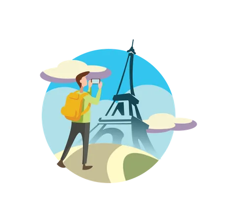 Homme cliquant sur la photo de la Tour Eiffel  Illustration