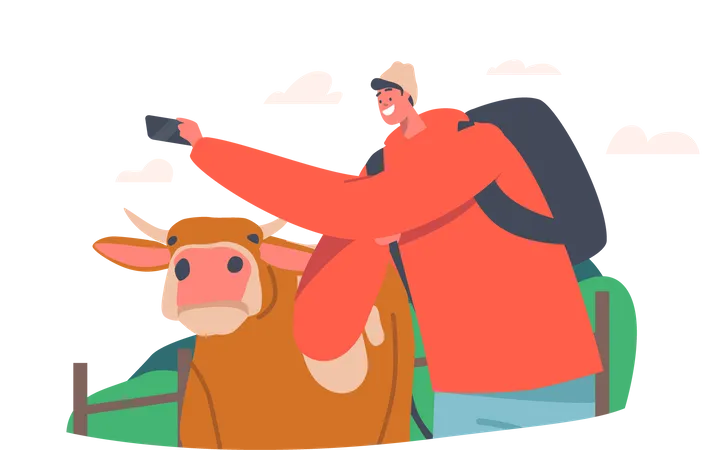 Homme cliquant sur selfie avec vache  Illustration