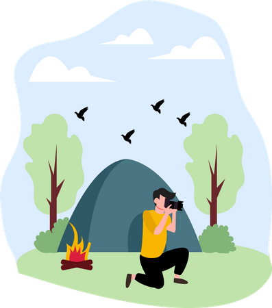 Homme cliquant sur la photo en voyage  Illustration