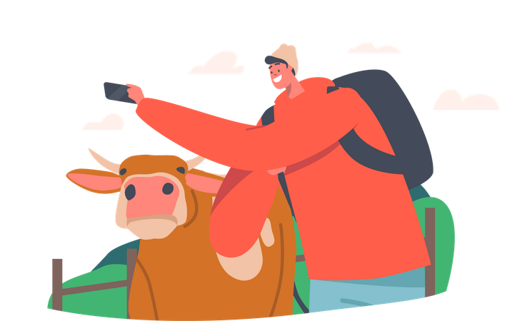 Homme cliquant sur selfie avec vache  Illustration