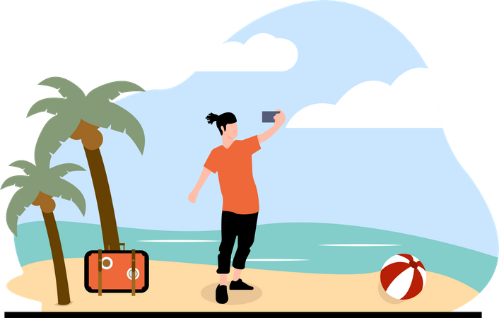 Homme clique sur selfie à la plage  Illustration