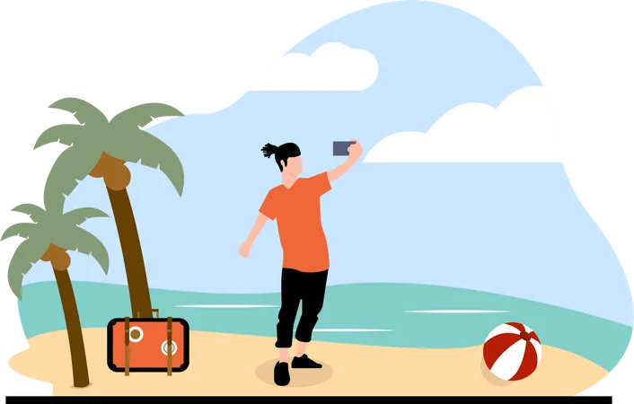 Homme clique sur selfie à la plage  Illustration