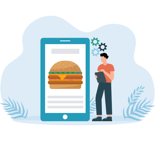 Homme commandant un hamburger en ligne  Illustration