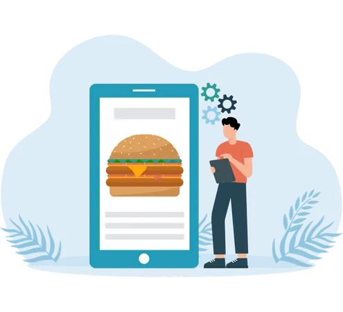 Homme commandant un hamburger en ligne  Illustration