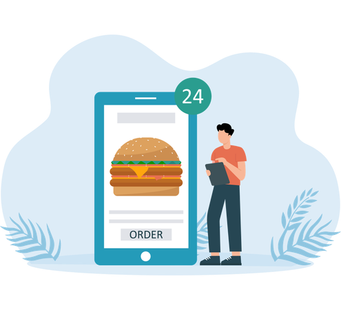 Homme commandant un hamburger en ligne  Illustration