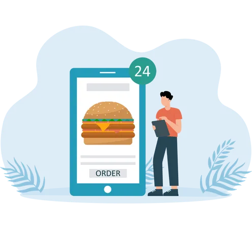 Homme commandant un hamburger en ligne  Illustration