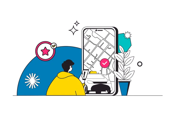 Homme commandant un taxi à l'aide d'une application mobile  Illustration