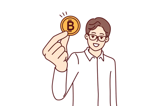 Un commerçant avec une pièce de monnaie Bitcoin appelle à l'exploitation minière  Illustration