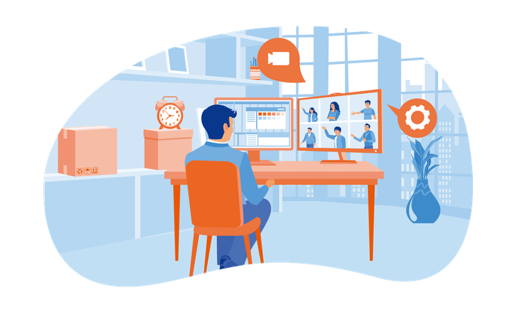 Homme communiquant avec des collègues de travail sur un écran d'ordinateur  Illustration