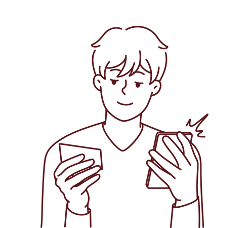 Homme composant un numéro de portable à partir d'une carte de visite  Illustration