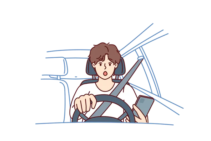 Un conducteur avec téléphone est assis au volant d'une voiture et a peur en voyant un obstacle sur la route  Illustration