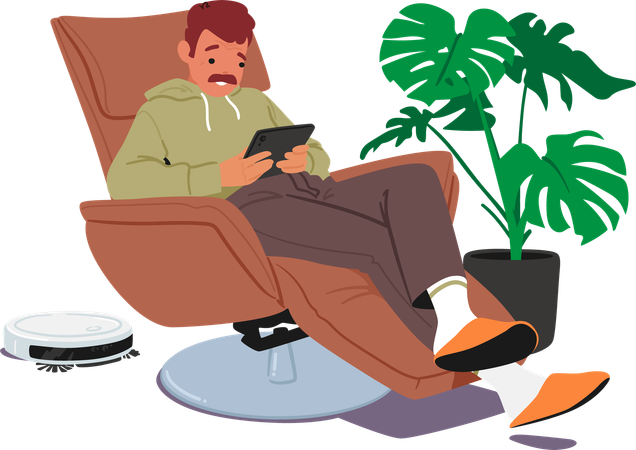 Un homme confortablement assis dans un fauteuil, absorbé par sa tablette  Illustration