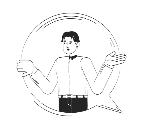 Homme confus en chemise blanche faisant des gestes dans une bulle de dialogue  Illustration