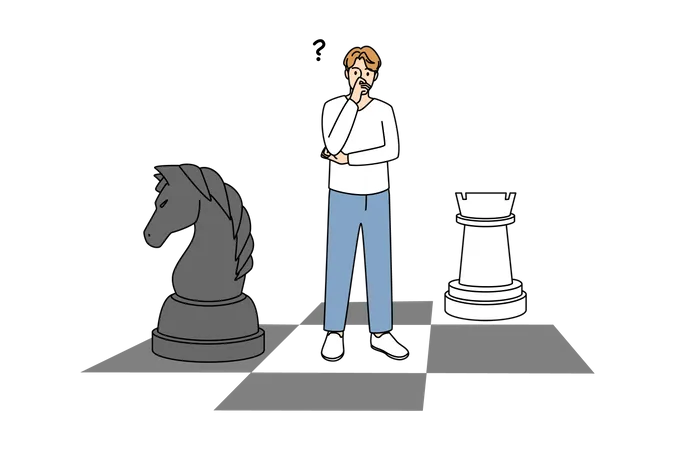 Un homme confus quant à la prochaine étape en jouant aux échecs  Illustration