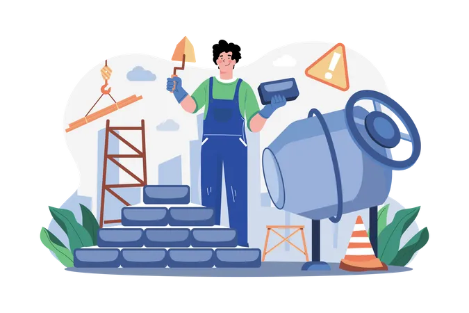 Homme constructeur avec truelle posant des briques dans le mur  Illustration