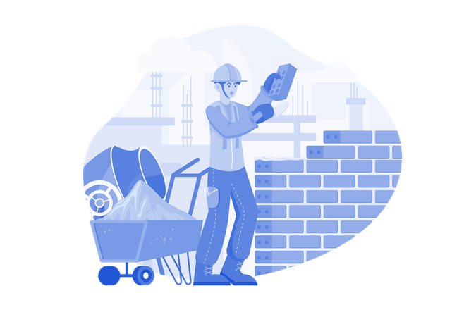 Homme constructeur avec truelle posant des briques dans le mur  Illustration