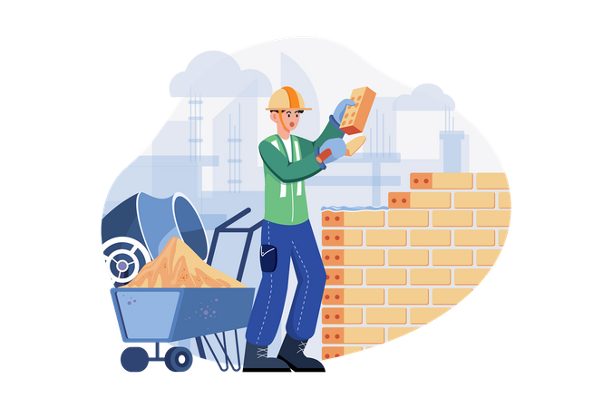 Homme constructeur avec truelle posant des briques dans le mur  Illustration