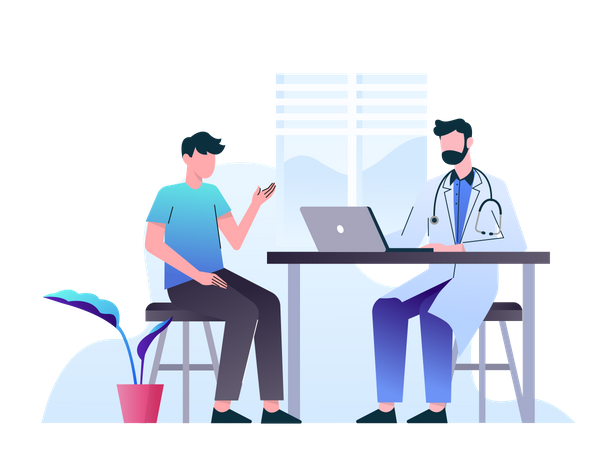 Homme consultant un médecin au sujet de problèmes de santé  Illustration
