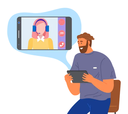 Homme contactant le service client par appel vidéo  Illustration