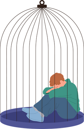 Homme bouleversé assis dans une cage pleurant en se cachant le visage avec des larmes  Illustration