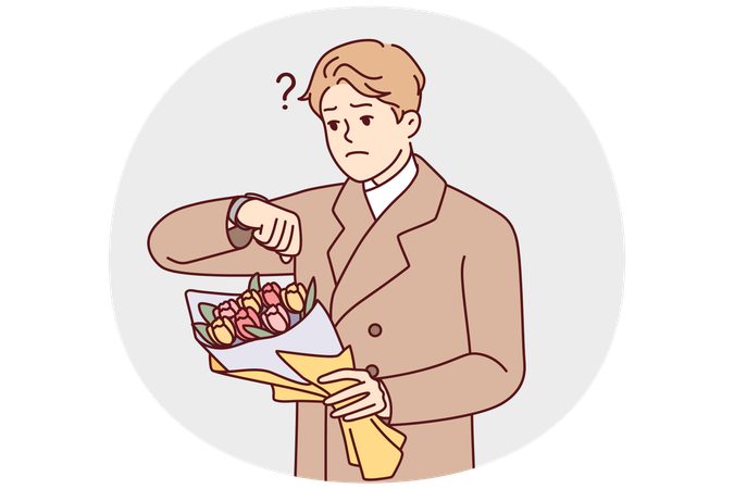 Un homme contrarié avec des fleurs attend un rendez-vous  Illustration