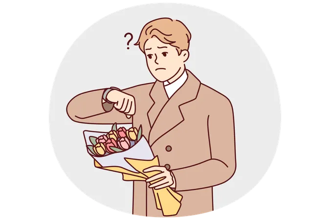 Un homme contrarié avec des fleurs attend un rendez-vous  Illustration